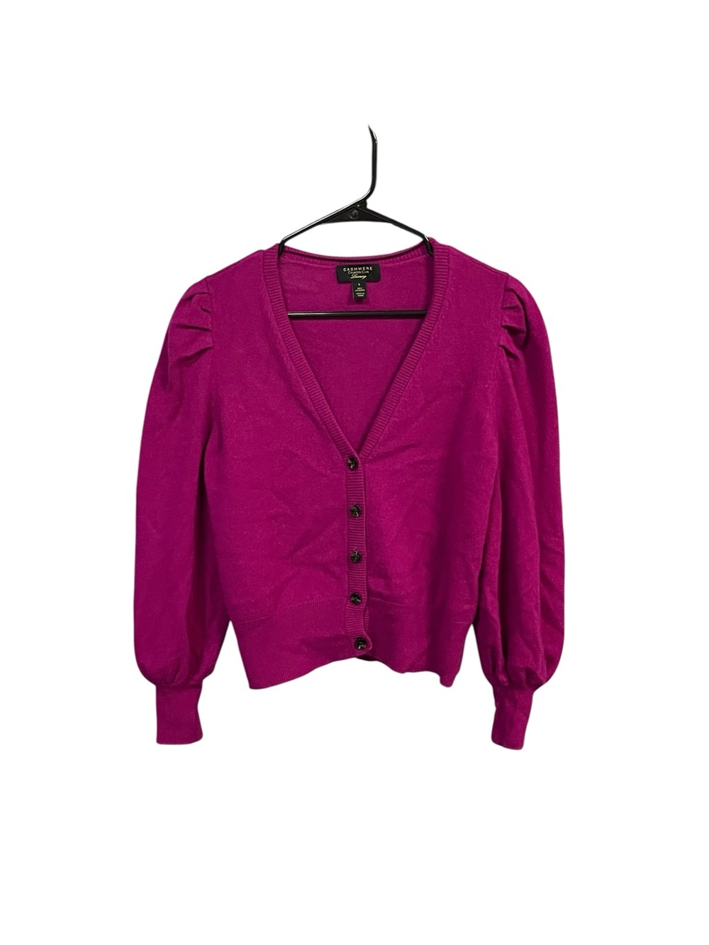 Charter Club Cashmere Cardigan Sweater Womens L Fuchsia Puff Sleeve Luxury